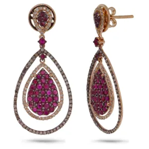 0.95ct White & Champagne Diamond & 1.97ct Ruby 14k Rose Gold Earring