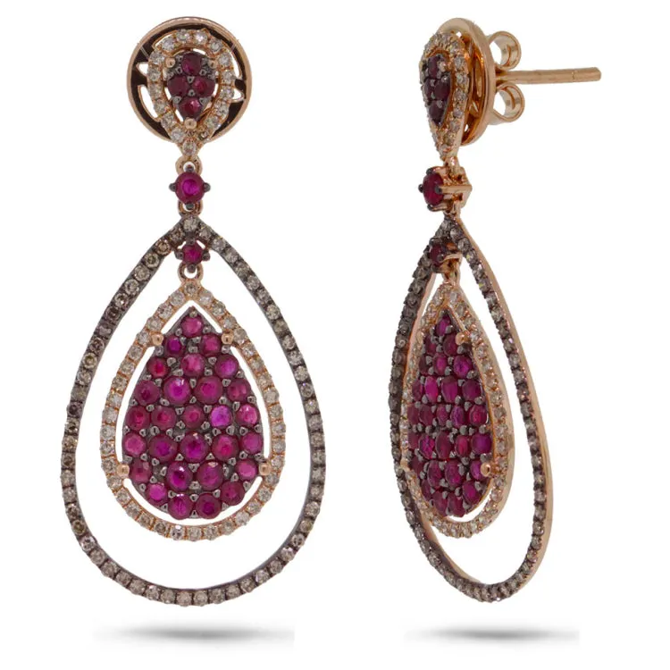 0.95ct White & Champagne Diamond & 1.97ct Ruby 14k Rose Gold Earring