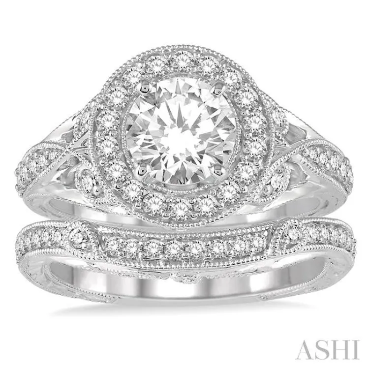 1 1/6 Ctw Diamond Wedding Set with 1 Ctw Round Cut Engagement Ring and 1/6 Ctw Wedding Band in 14K White Gold