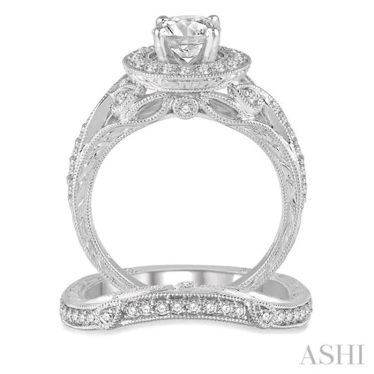 1 1/6 Ctw Diamond Wedding Set with 1 Ctw Round Cut Engagement Ring and 1/6 Ctw Wedding Band in 14K White Gold