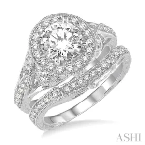 1 1/6 Ctw Diamond Wedding Set with 1 Ctw Round Cut Engagement Ring and 1/6 Ctw Wedding Band in 14K White Gold