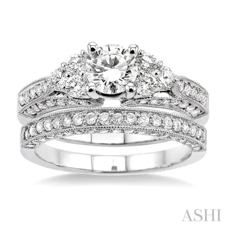 1 3/4 Ctw Diamond Wedding Set with 1 1/4 Ctw Round Cut Engagement Ring and 1/2 Ctw Wedding Band in 14K White Gold