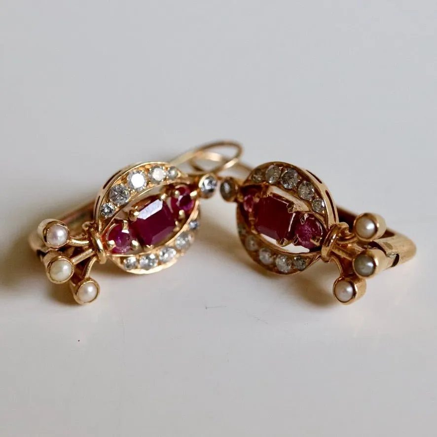 14k Rapunzel Ruby, Diamond and Pearl Earrings