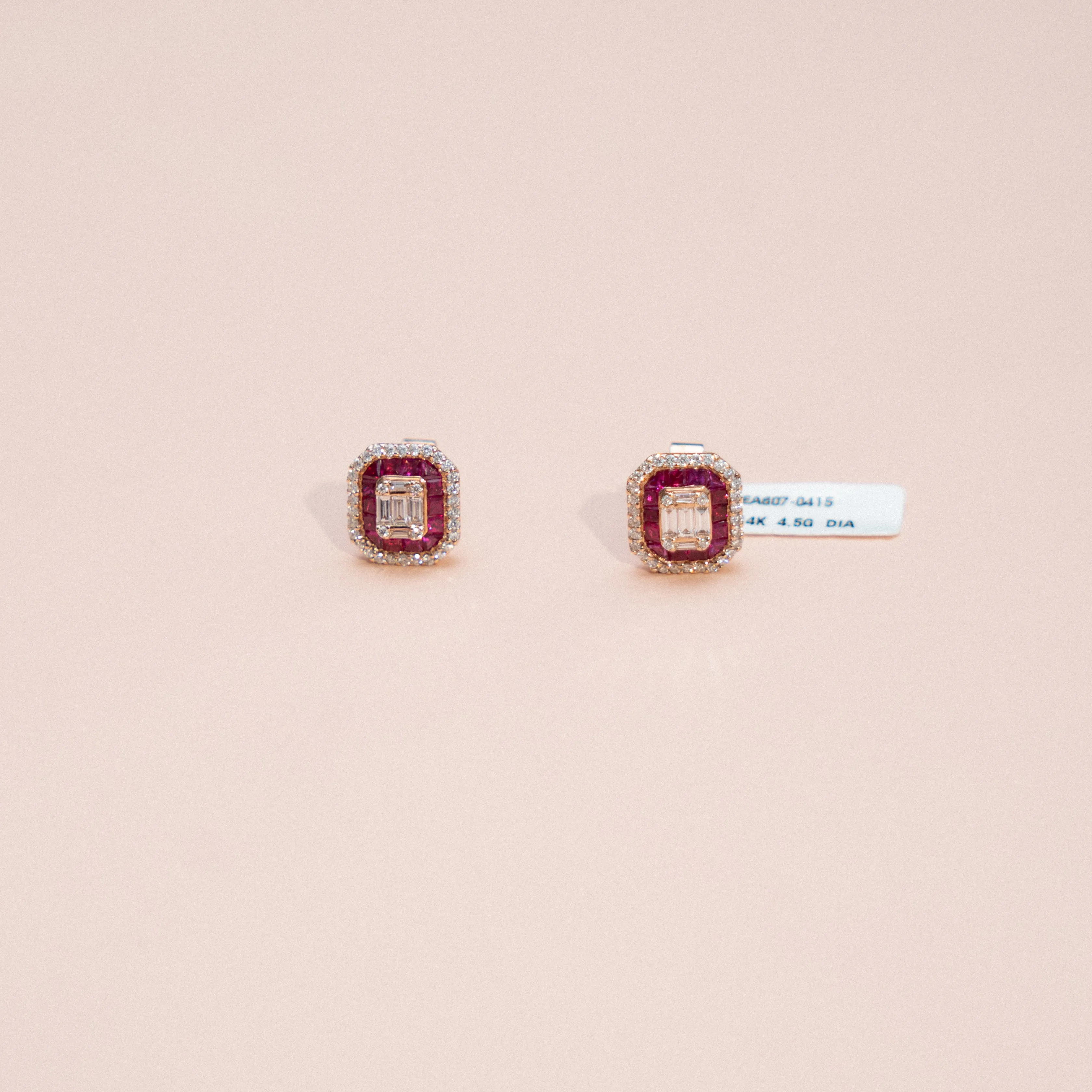 14K Rose Gold Square Diamond/Ruby Stud Earrings 0.65Ct / 4.5gr