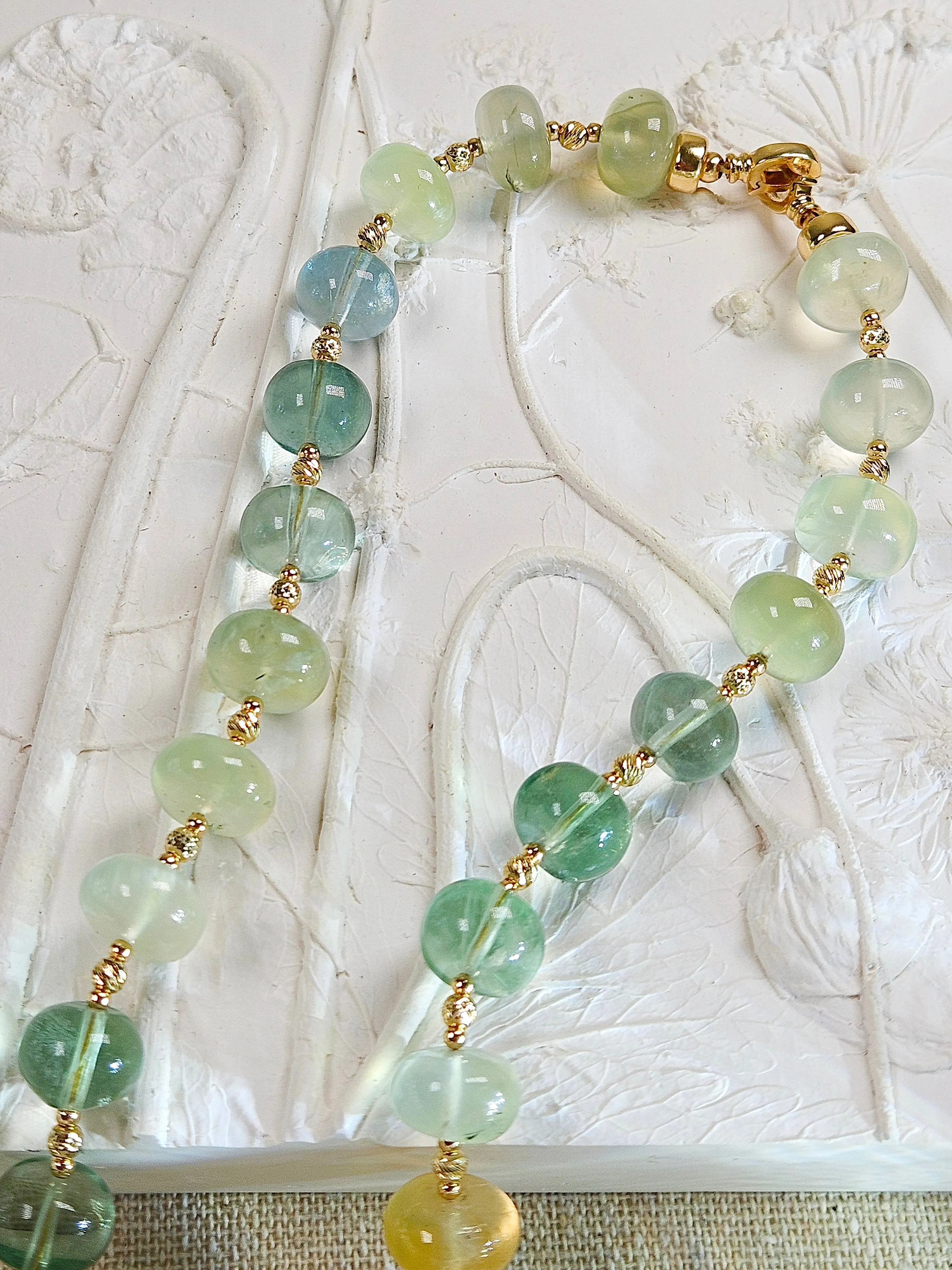 14k Solid Gold- Natural Prehnite Gemstone Large Gemmy Bead Necklace 18"