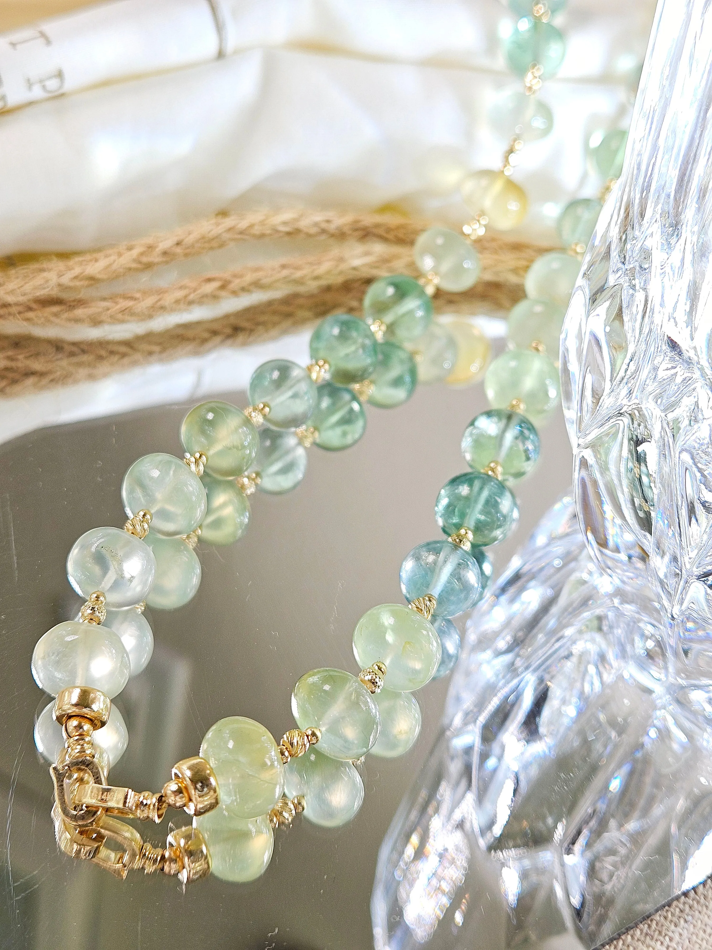 14k Solid Gold- Natural Prehnite Gemstone Large Gemmy Bead Necklace 18"