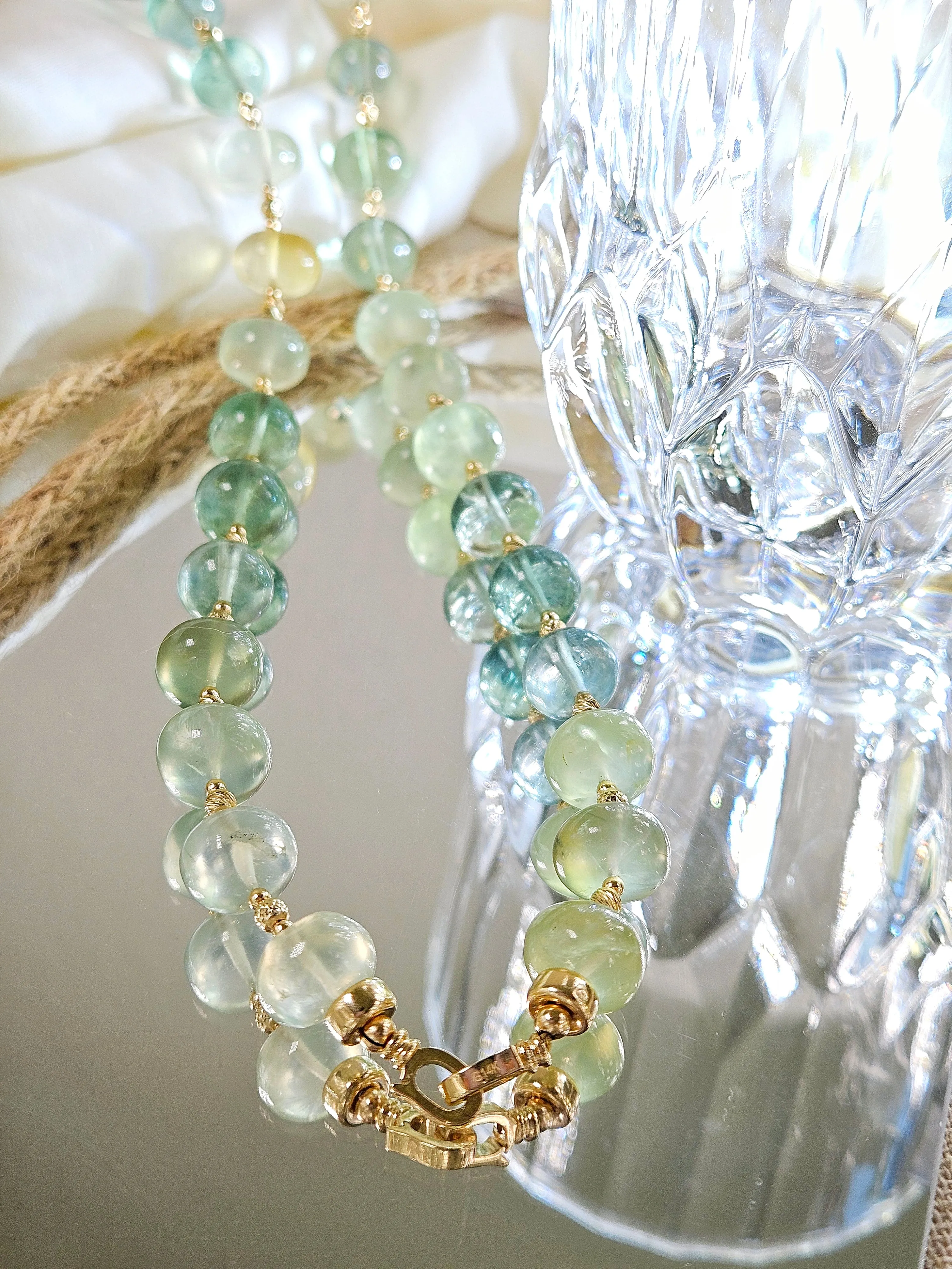 14k Solid Gold- Natural Prehnite Gemstone Large Gemmy Bead Necklace 18"