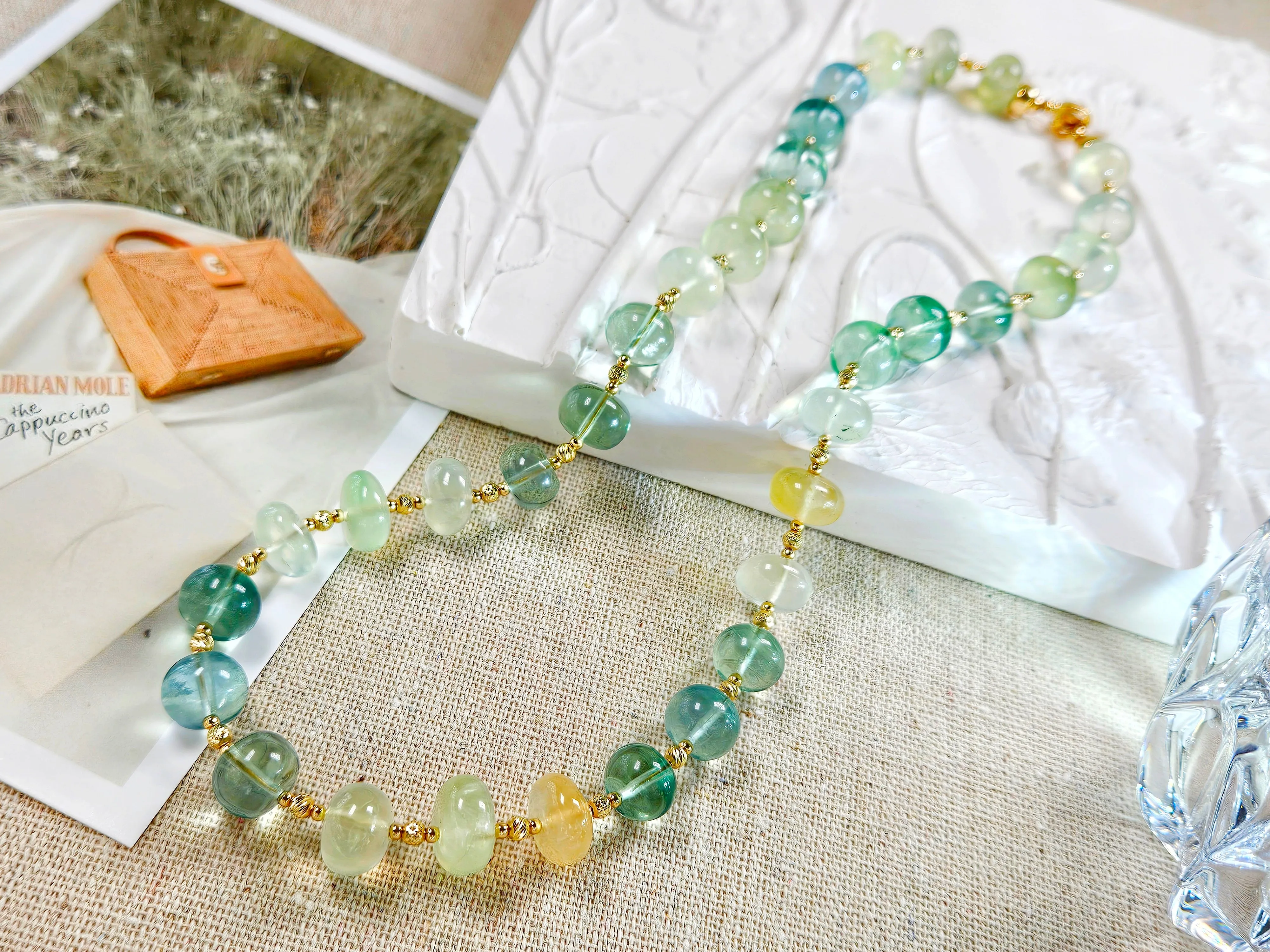 14k Solid Gold- Natural Prehnite Gemstone Large Gemmy Bead Necklace 18"