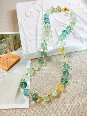 14k Solid Gold- Natural Prehnite Gemstone Large Gemmy Bead Necklace 18"