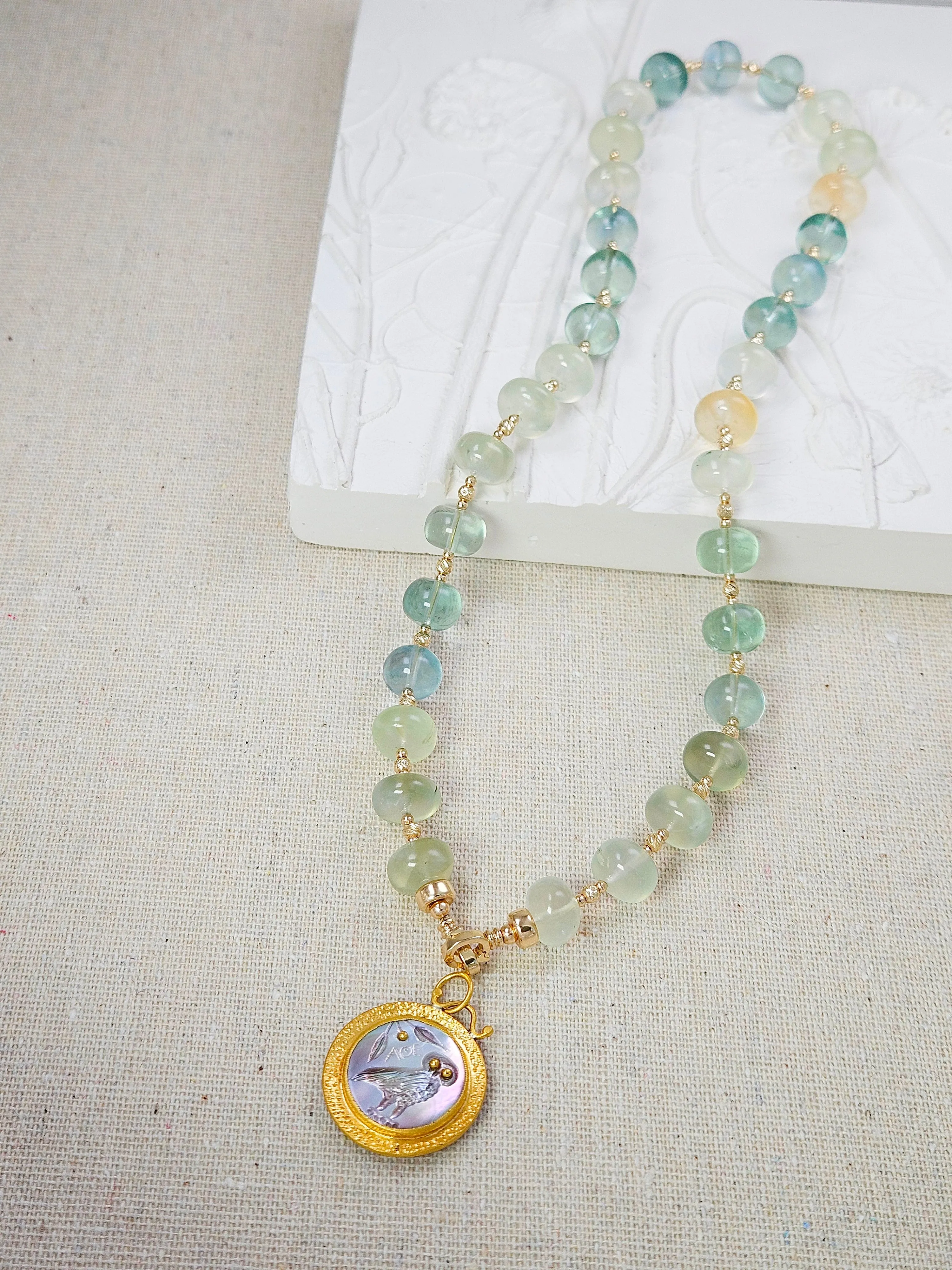 14k Solid Gold- Natural Prehnite Gemstone Large Gemmy Bead Necklace 18"