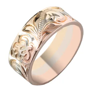 14K Tri-Color Gold Custom-Made Hawaiian Scroll with Honu (Turtle) Smooth Edge Ring (Thickness 1.5mm)