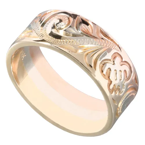 14K Tri-Color Gold Custom-Made Hawaiian Scroll with Honu (Turtle) Smooth Edge Ring (Thickness 1.5mm)