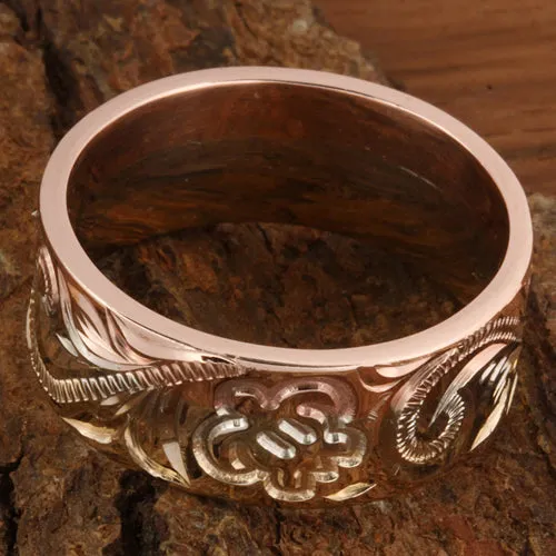 14K Tri-Color Gold Custom-Made Hawaiian Scroll with Honu (Turtle) Smooth Edge Ring (Thickness 1.5mm)