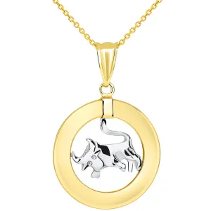 14k Two Tone Gold Open Circle Taurus Zodiac Sign Pendant Necklace