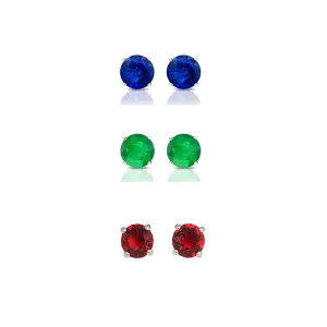 14k White Gold Plated 3Ct Created Blue Sapphire, Emerald and Ruby 3 Pair Round Stud Earrings