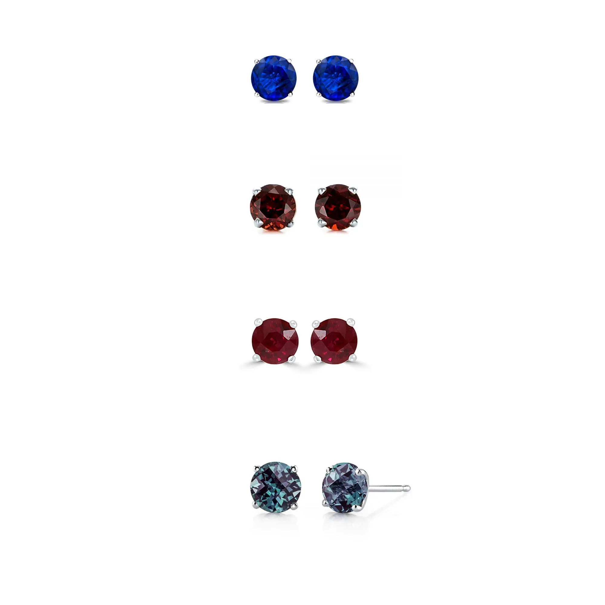 14k White Gold Plated 4Ct Created Blue Sapphire, Garnet, Ruby and Alexandrite 4 Pair Round Stud Earrings