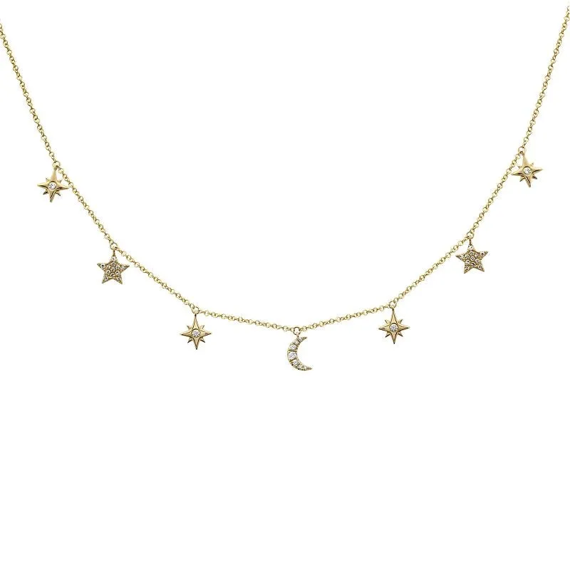 14K Yellow Gold Diamond Moon and Stars Station Necklace