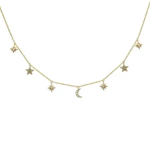 14K Yellow Gold Diamond Moon and Stars Station Necklace