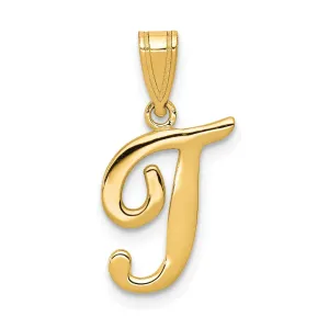 14K Yellow Gold Medium Size Script Design Letter T Initial Pendant