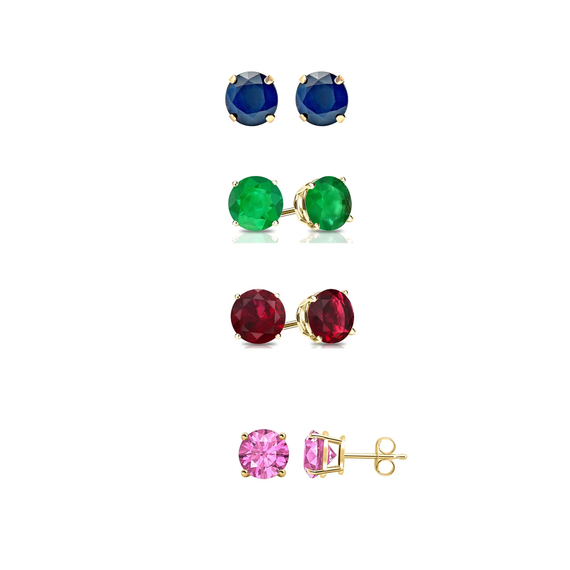 14k Yellow Gold Plated 3Ct Created Blue Sapphire, Emerald, Ruby and Pink Sapphire 4 Pair Round Stud Earrings