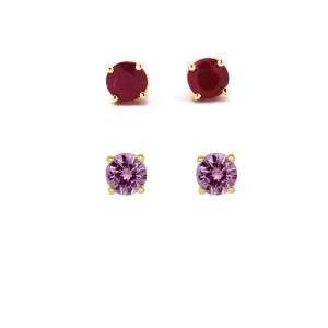 14k Yellow Gold Plated 3Ct Created Ruby and Pink Sapphire 2 Pair Round Stud Earrings