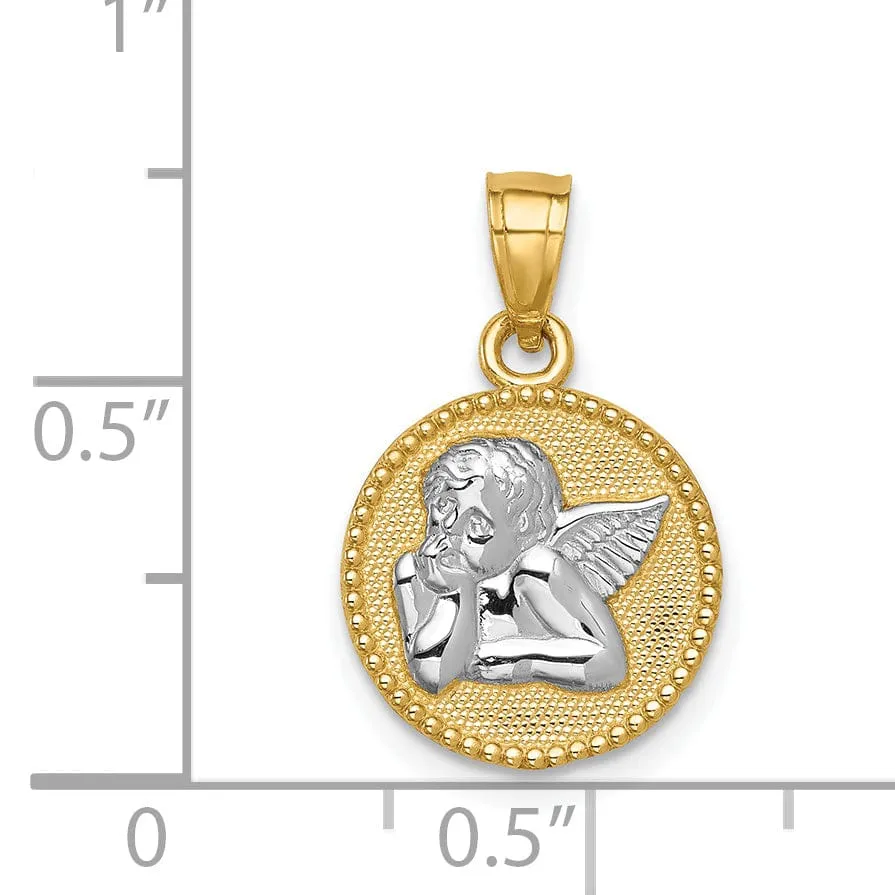 14K Yellow Gold Rhodium Polished Concave Angel Medal Pendant