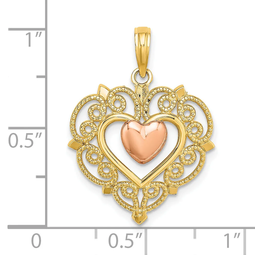 14k Yellow Rose Gold Heart Lace Trim Pendant