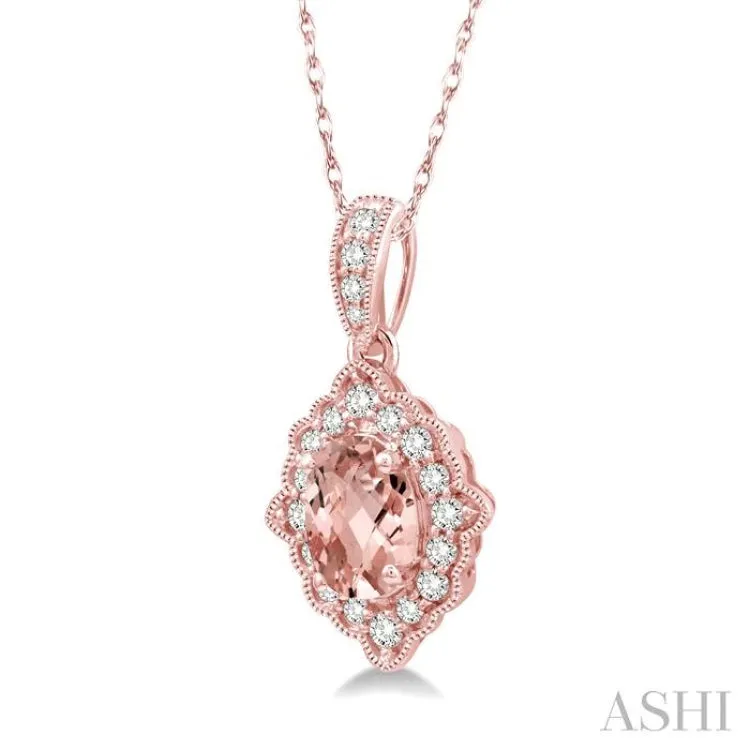 1/6 Ctw Round Cut Diamond and Ethnic Oval Cut 6x4mm Morganite Semi Precious Pendant in 10K Rose Gold with chain