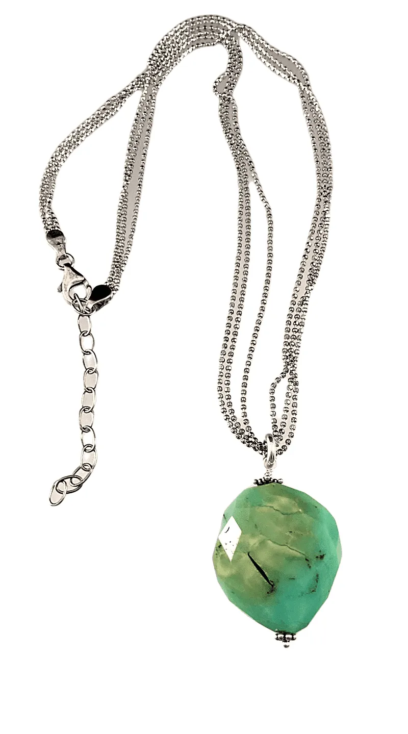 16"-18" Sterling Silver Chrysoprase Faceted Nugget Charm Necklace