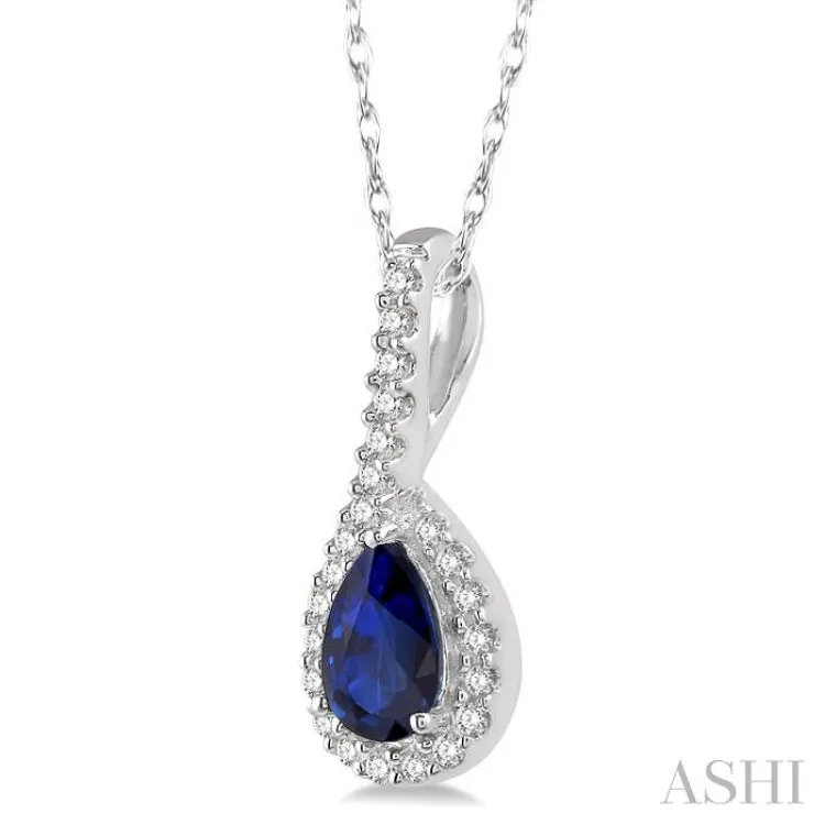 1/8 Ctw Pear Shape 6x4mm Sapphire & Round Cut Diamond Precious Pendant in 10K White Gold