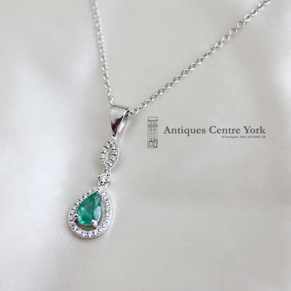 18ct White Gold Emerald & Diamond Pendant