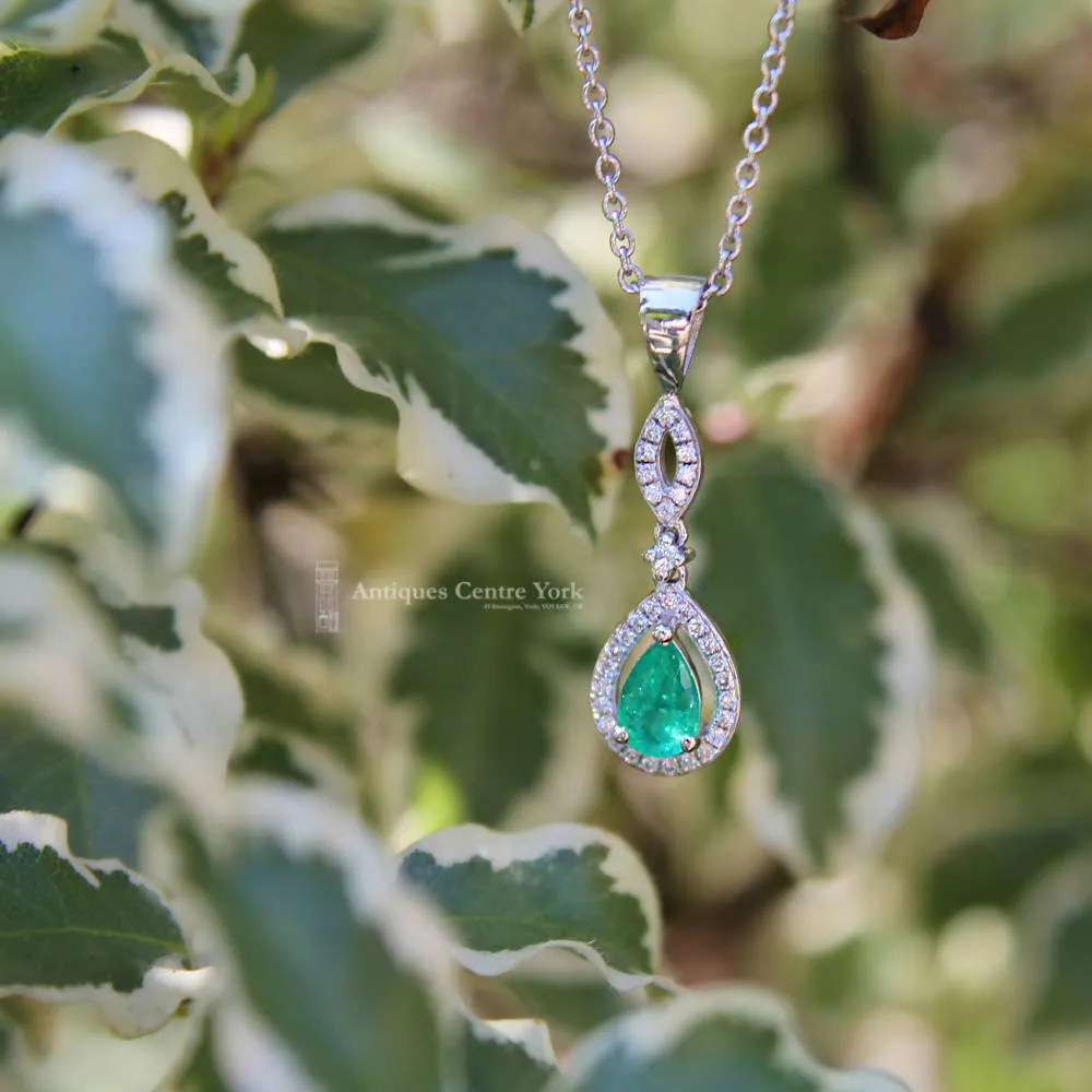 18ct White Gold Emerald & Diamond Pendant