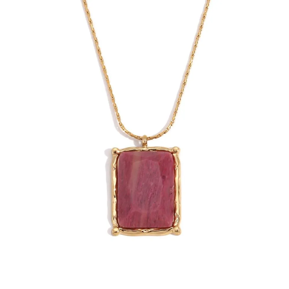 18K Gold Gemstone Rectangle Pendant Necklace – Adjustable Chain for Women