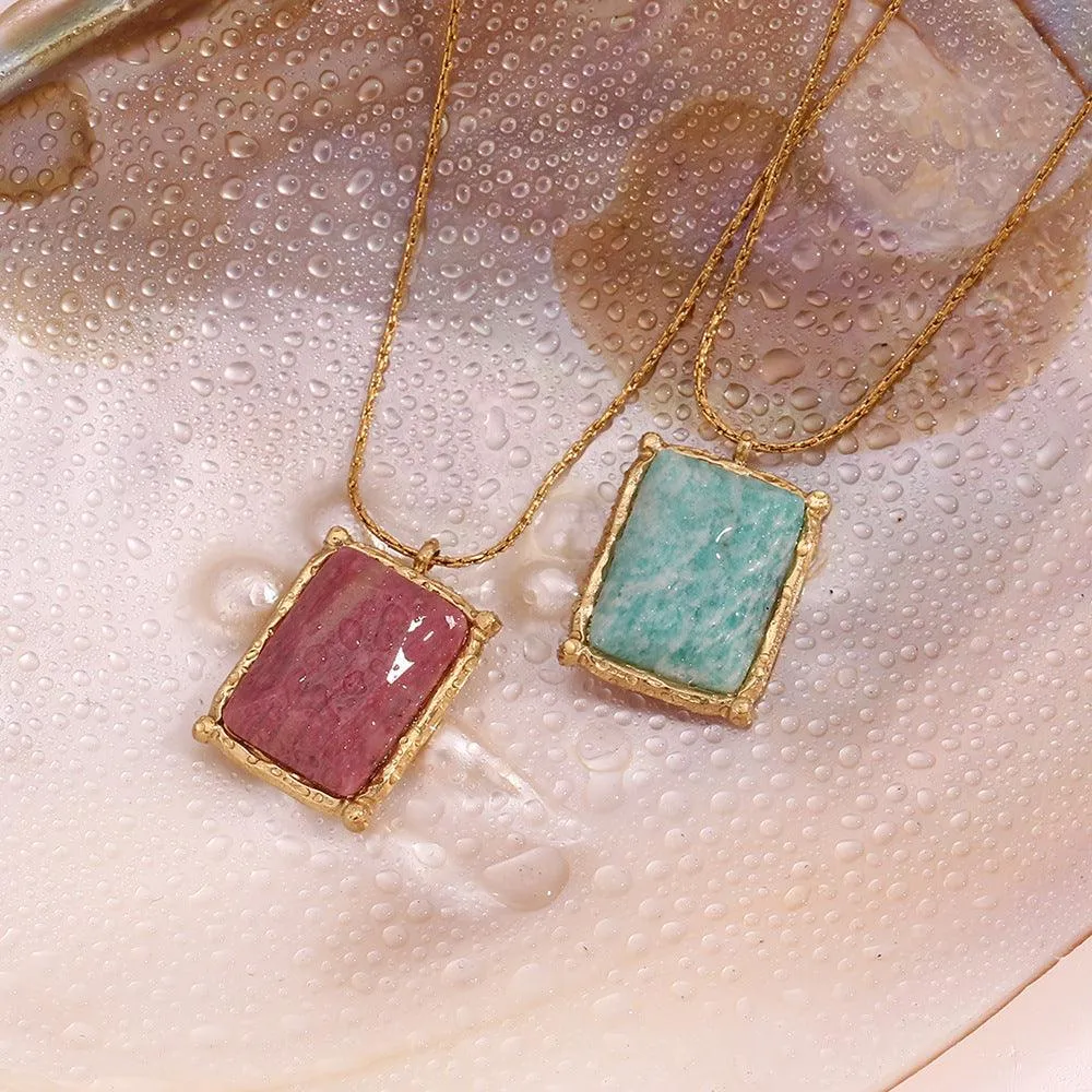 18K Gold Gemstone Rectangle Pendant Necklace – Adjustable Chain for Women