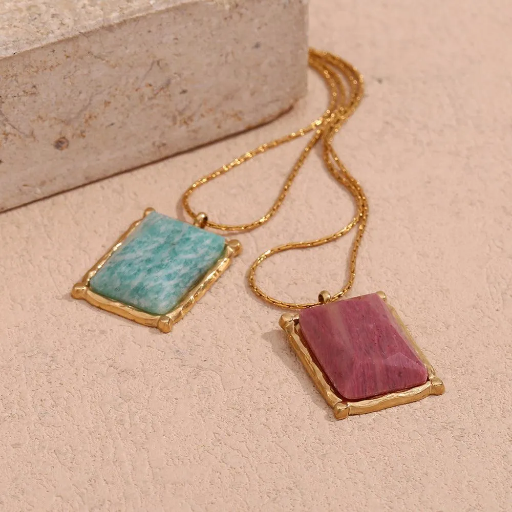 18K Gold Gemstone Rectangle Pendant Necklace – Adjustable Chain for Women