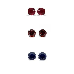 18k White Gold Plated 1/2Ct Created Ruby, Garnet and Black Sapphire 3 Pair Round Stud Earrings