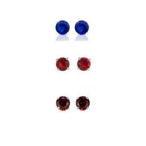 18k White Gold Plated 1Ct Created Blue Topaz, Ruby and Garnet 3 Pair Round Stud Earrings