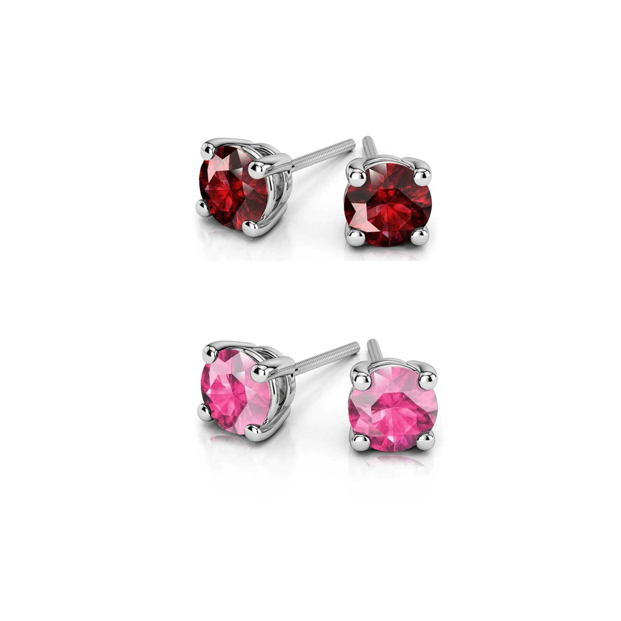 18k White Gold Plated 2Ct Created Ruby and Pink Sapphire 2 Pair Round Stud Earrings