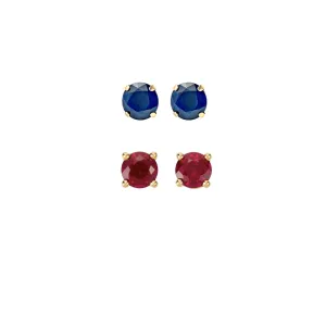 18k Yellow Gold Plated 3Ct Created Blue sapphire and  Ruby 2 Pair Round Stud Earrings