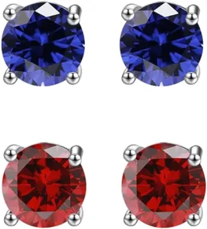 24k White Gold Plated 3Ct Created Blue sapphire and  Ruby 2 Pair Round Stud Earrings