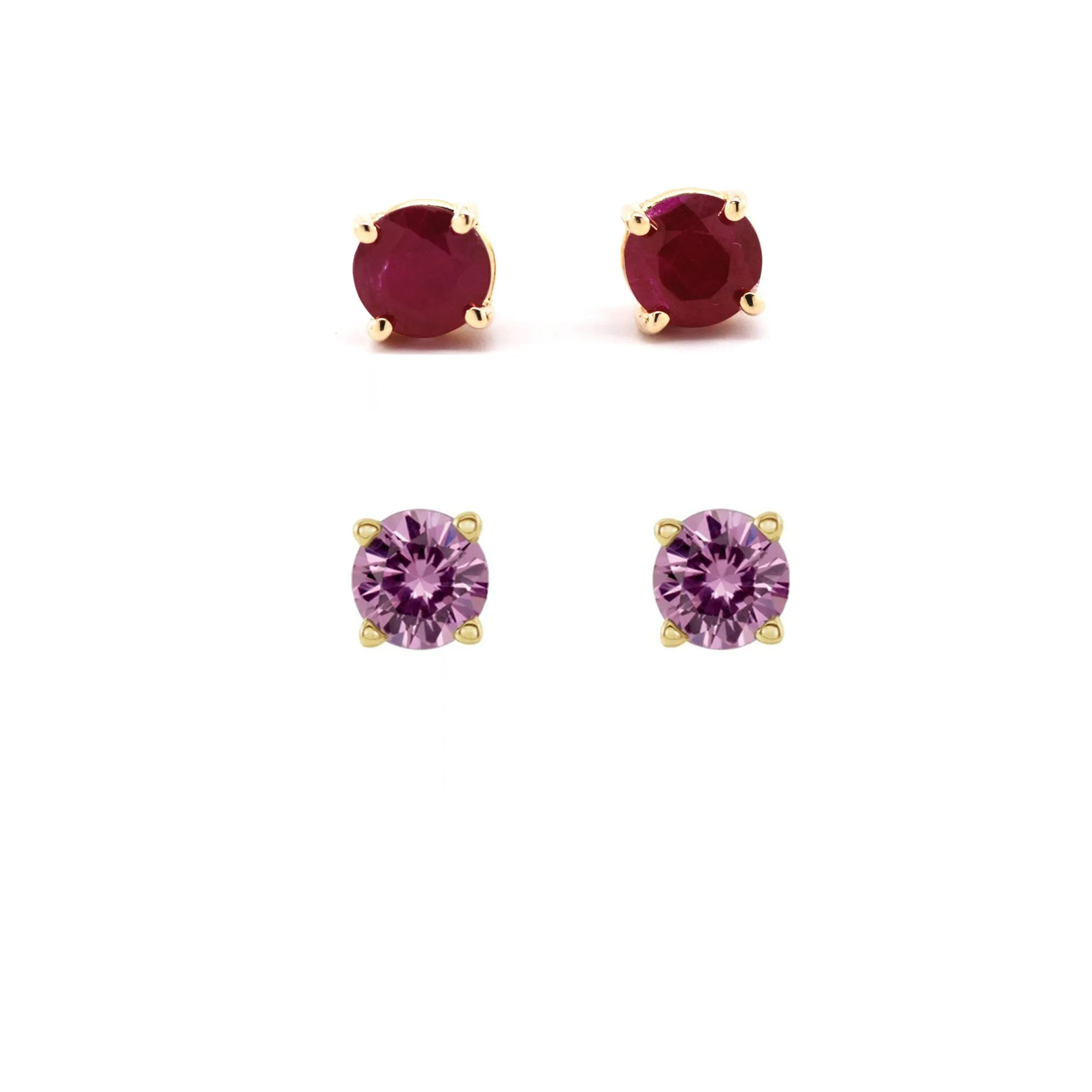 24k Yellow Gold Plated 1/2Ct Created Ruby and Pink Sapphire 2 Pair Round Stud Earrings