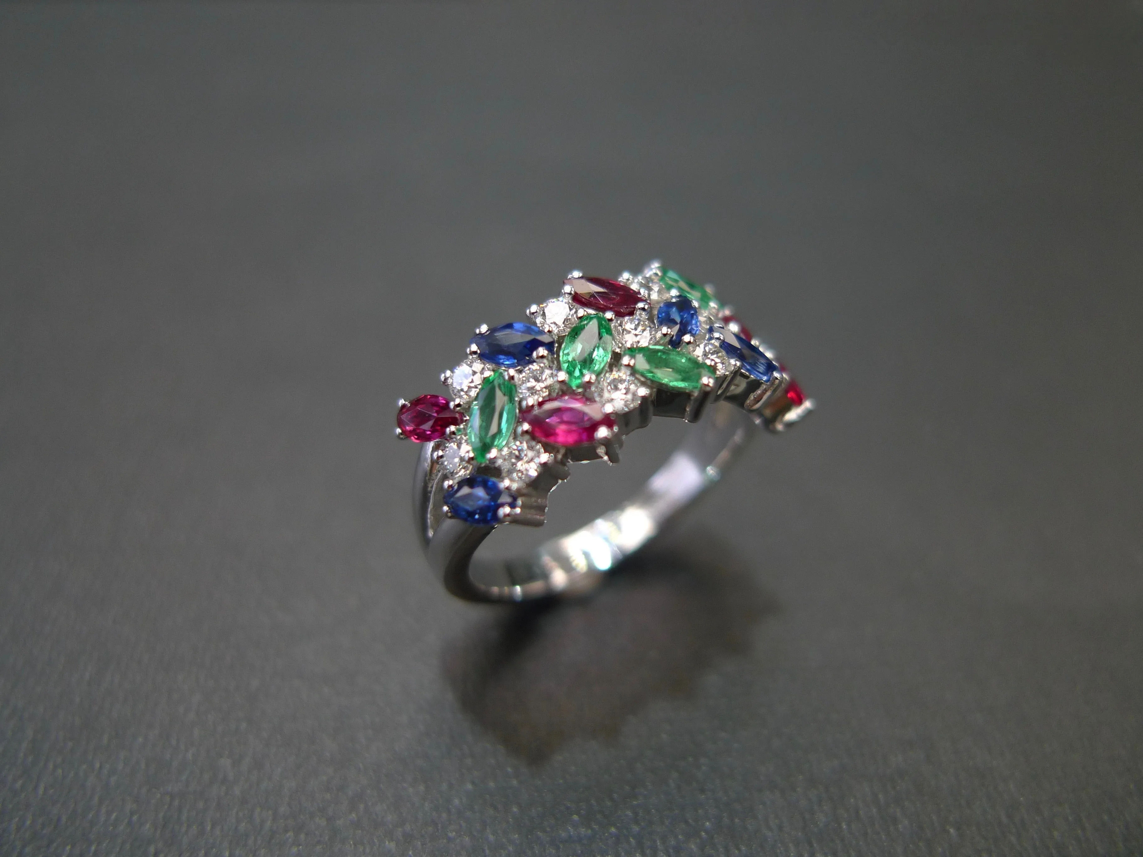 3-Row Natural Multi Natural Gemstone Ring in White Gold