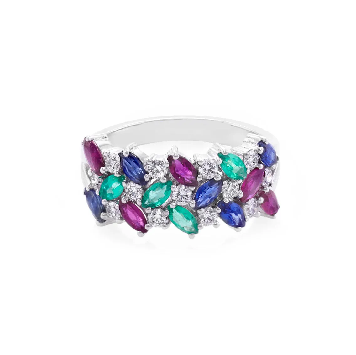 3-Row Natural Multi Natural Gemstone Ring in White Gold