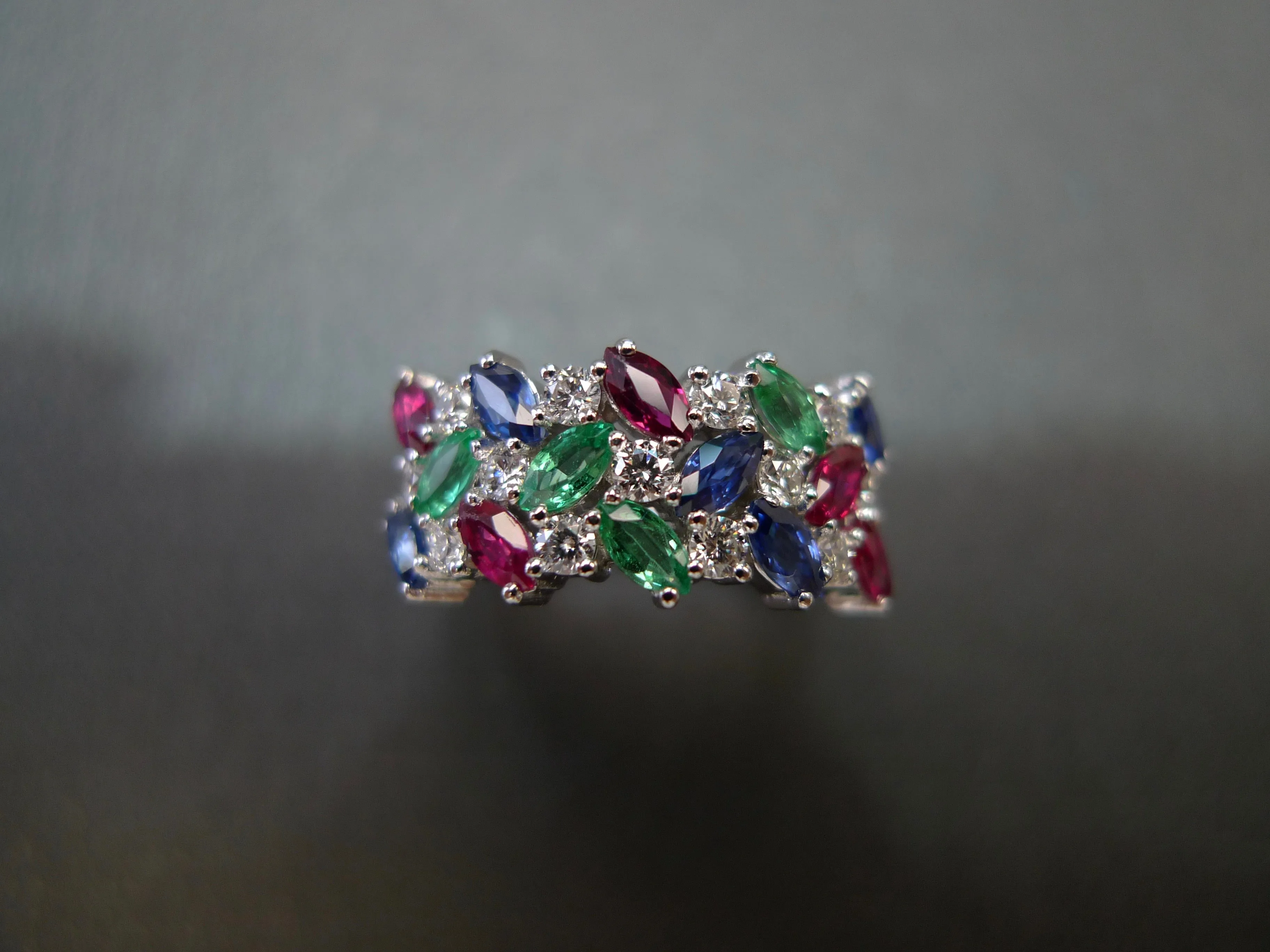 3-Row Natural Multi Natural Gemstone Ring in White Gold