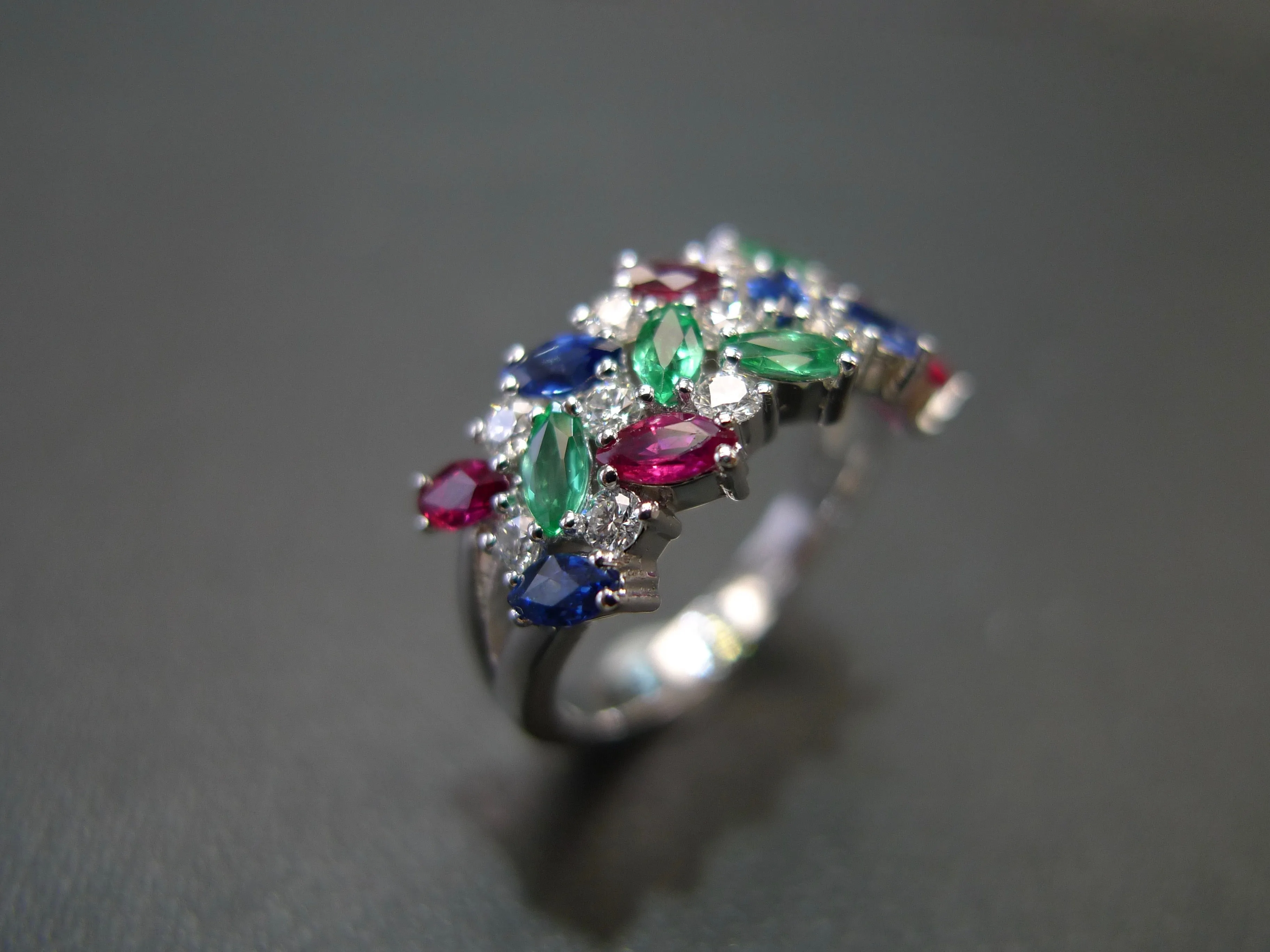 3-Row Natural Multi Natural Gemstone Ring in White Gold