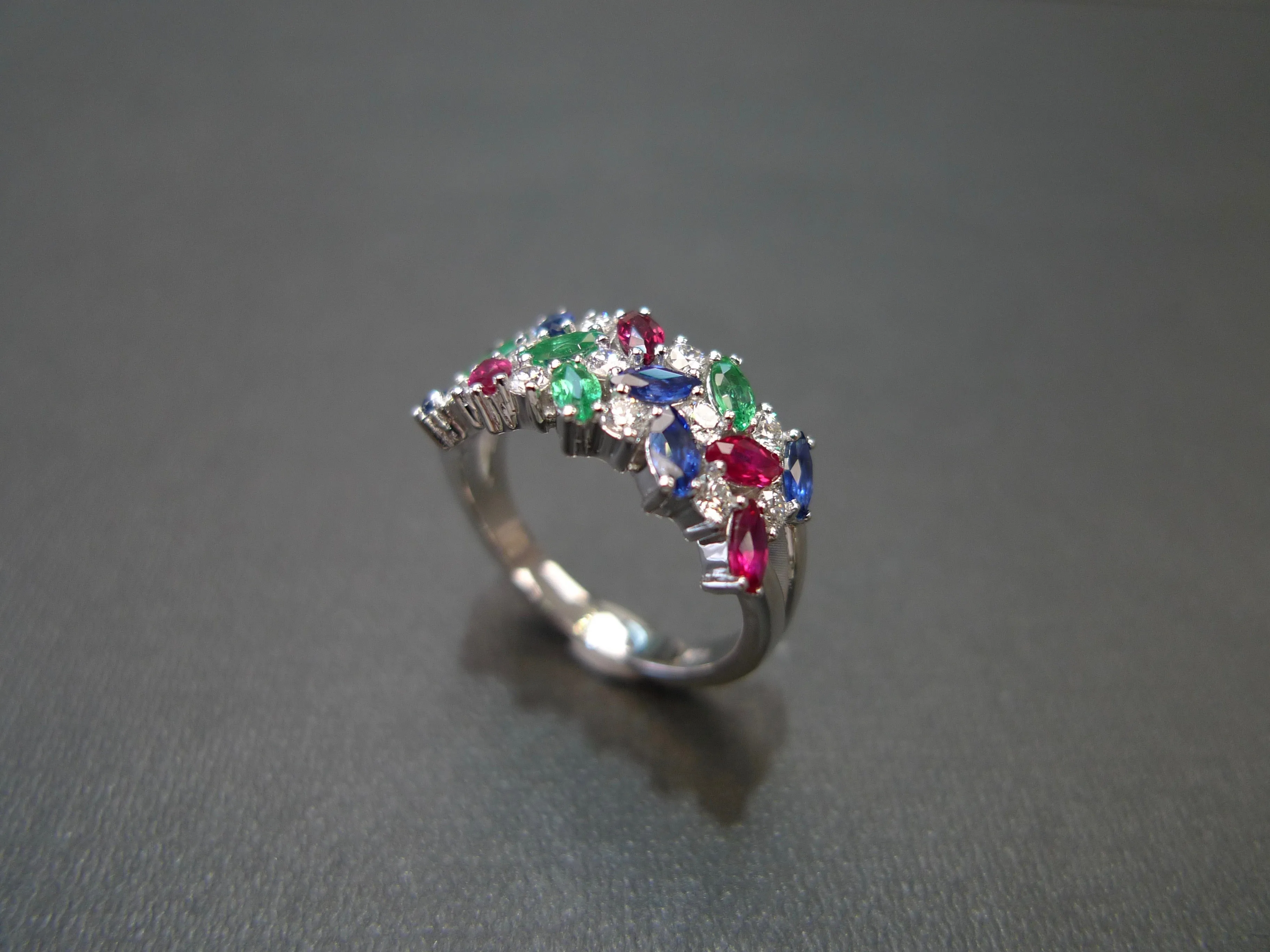 3-Row Natural Multi Natural Gemstone Ring in White Gold