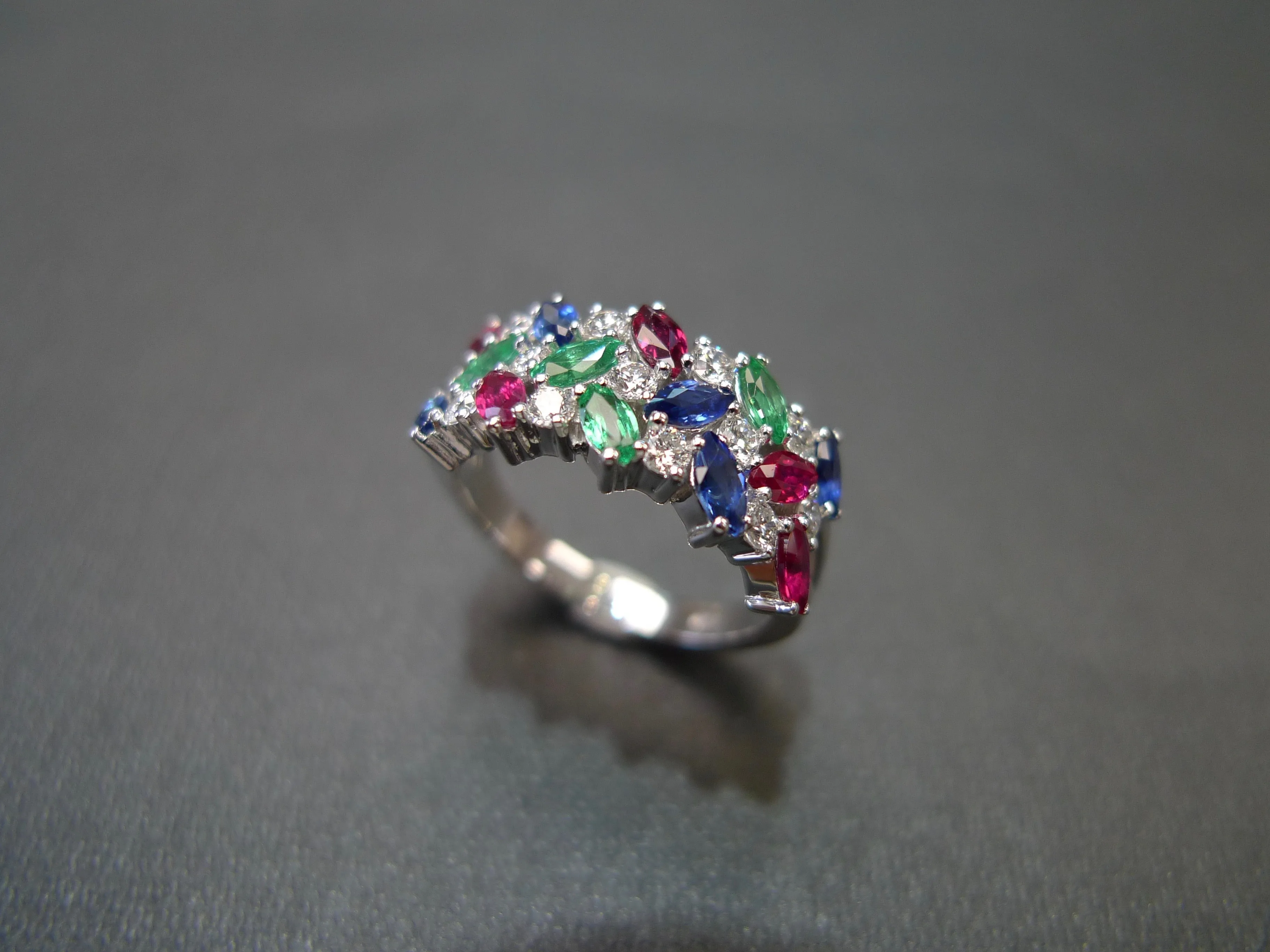 3-Row Natural Multi Natural Gemstone Ring in White Gold