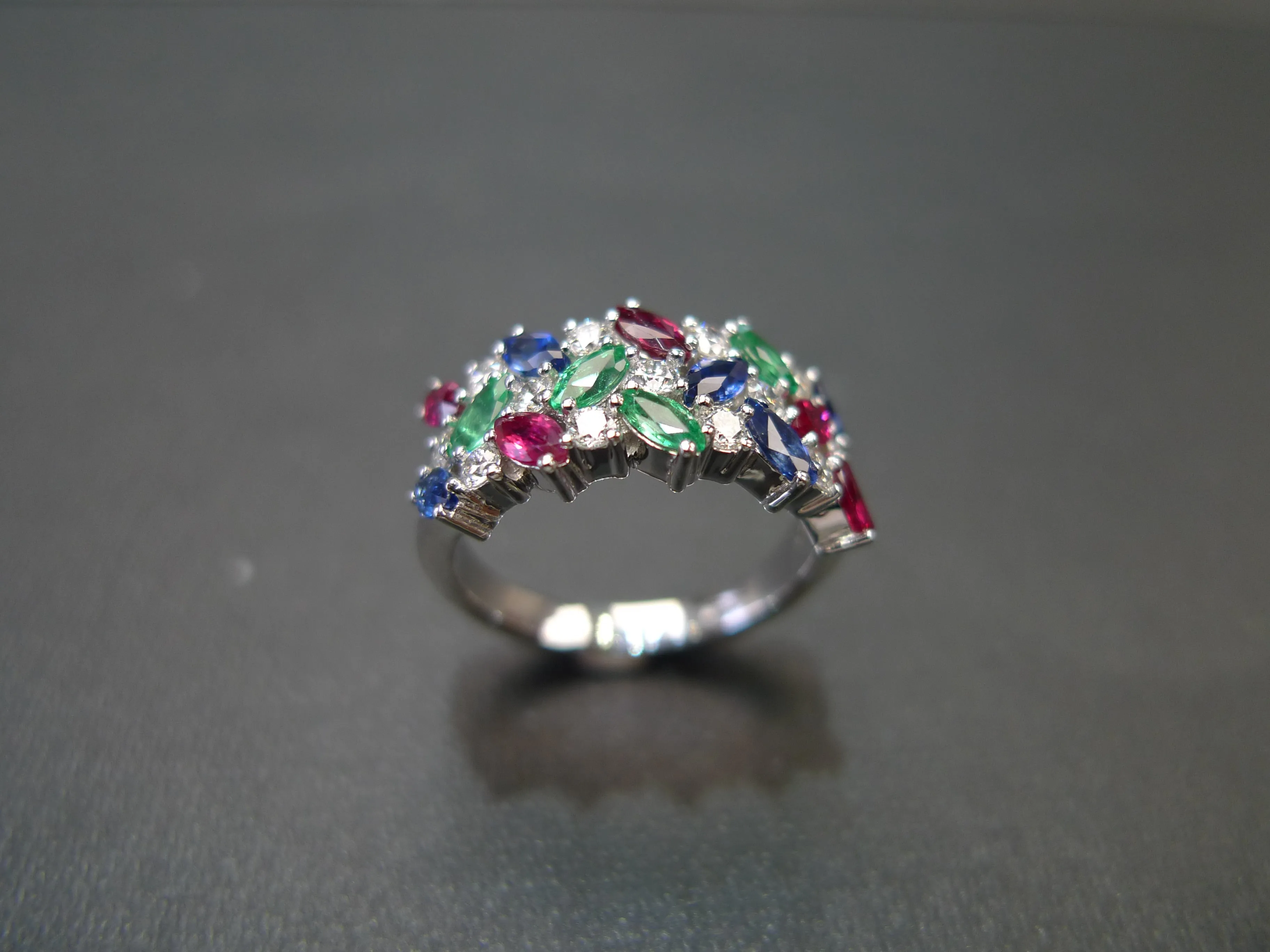 3-Row Natural Multi Natural Gemstone Ring in White Gold