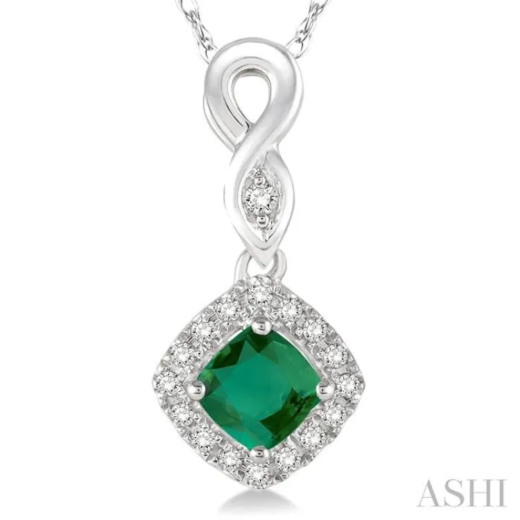 4x4 MM Cushion Shape Emerald and 1/10 Ctw Round Cut Diamond Pendant in 10K White Gold with Chain