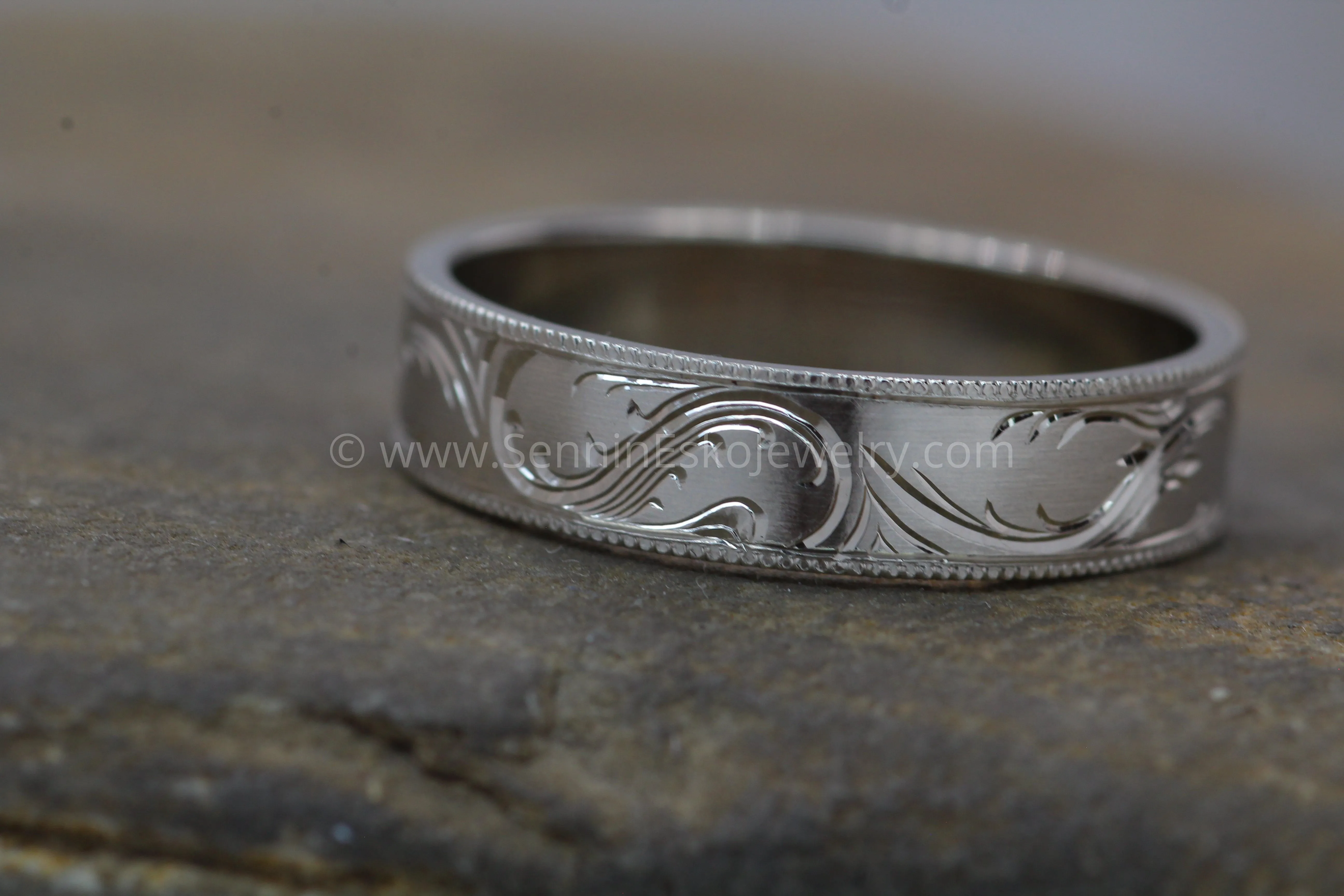 5x1mm Branches and Leaves Variation 2 14kt White Gold Bright Cut Engraved Band